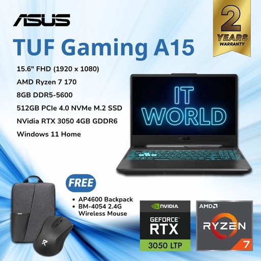 [FA506NCQ-HN012W] ASUS TUF A15 15.6" Gaming Laptop - Ryzen 7 / RTX3050 / 8GB / 512GB / 144Hz / FA506NCQ-HN012W