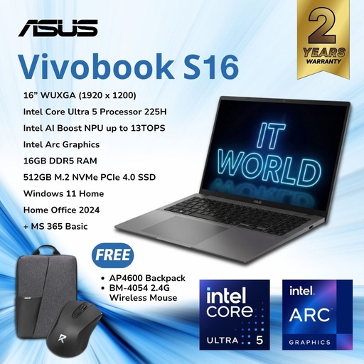 [S3607CA-RP014WSM] ASUS Vivobook S16 16" Laptop - Core Ultra 5 / 16GB / 512GB / 144Hz / S3607CA-RP014WSM