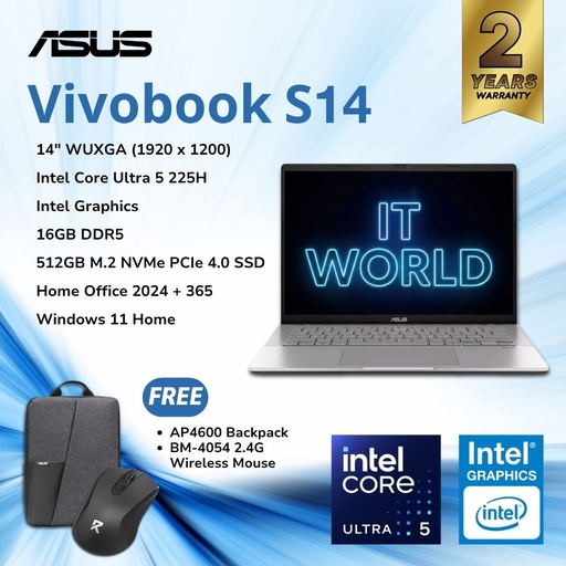 [S3407CA-LY176WSM] ASUS Vivobook S14 14" WUXGA Laptop - Core Ultra 5 / 16GB / 512GB / S3407CA-LY176WSM