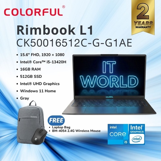 [L1 CK50016512C-G-G1AE (GRAY)] Colorful Rimbook L1 CK50016512C - 15.6" FHD / i5-13420H / 16GB DDR4 / 512GB Laptop - Gray CK50016512C-G-G1AE