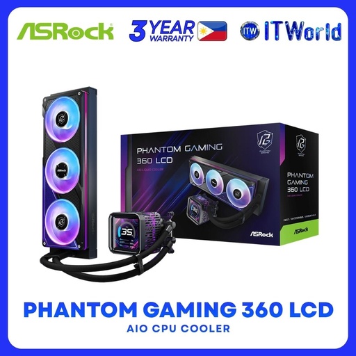 [PG360-LCD-AIO] ASRock Phantom Gaming 360 LCD ARGB AIO Liquid Cooler with 3.4" IPS LCD Display - Black itw