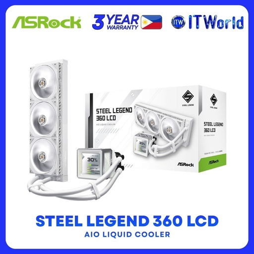 [SL360-LCD-AIO] ASRock Steel Legend 360 LCD Dual-ball Bearing AIO Liquid Cooler with 3.4" IPS LCD Display - White