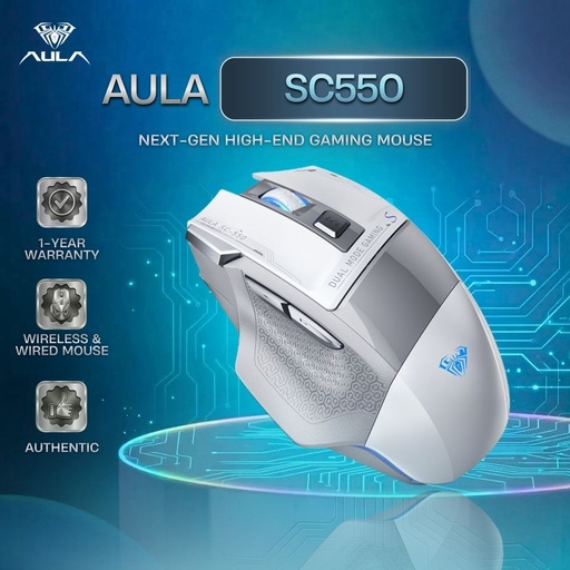 [AULA SC550 GRAY/WHITE] Aula Wind SC550 Dual mode Wireless & Wired Mouse for Gaming and Office - Gray/White