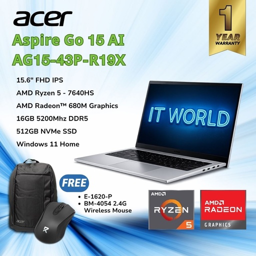 [AG15-43P-R19X] Acer Aspire Go 15 AI Laptop - 15.6" FHD / AMD Ryzen 5 7640HS / 16GB RAM / 512GB SSD / AG15-43P-R19X
