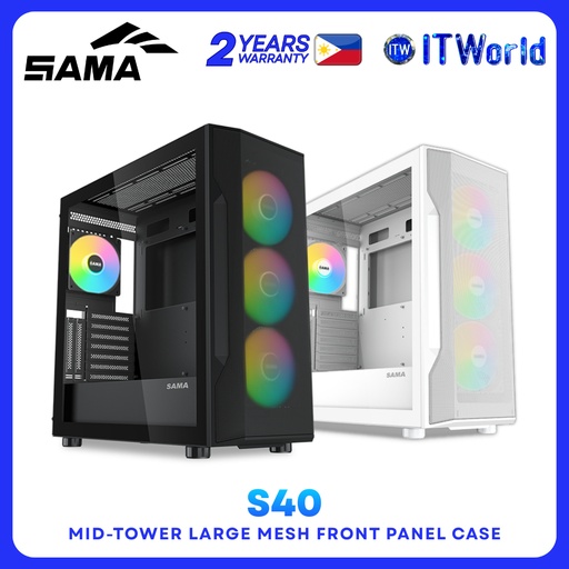 SAMA S40 Mid-Tower PC Case - Mesh Front / 4× ARGB Fans - S40-BKAPA4X1-GL / S40-WHAPA4X1-GL itw (Black)