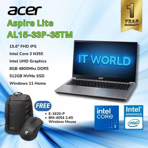 [AL15-33P-35TM] Acer Aspire Lite AL15-33P-35TM Natural Titanium - Intel N355 / 15.6" FHD IPS / 8GB / 512GB
