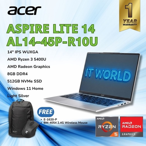 [AL14-45P-R10U] Acer Aspire Lite 14 AL14-45P-R10U R3-5400U / Radeon Graphics / 8GB / 512GB / Light Silver Laptop