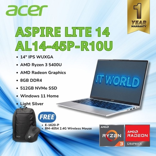 [AL14-45P-R10U] Acer Aspire Lite 14 AL14-45P-R10U R3-5400U / Radeon Graphics / 8GB / 512GB / Light Silver Laptop