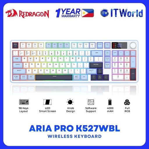 [K527WBL-PRO] Redragon Aria Pro Tri-mode LCD Display Screen RGB Wireless Keyboard - White Blue K527WBL-PRO