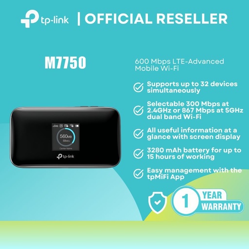 [M7750] TP-Link M7750 600Mbps LTE-Advanced Mobile Wi-Fi Hotspot USB-C Nano SIM itw