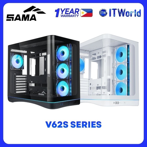 [V62S-BKADA4X1-GL] SAMA V62S Series PC Case - ATX / 270° Glass / ARGB Fans / USB-C / High Airflow itw (Black)