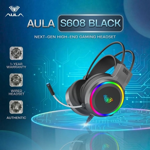 [AULA-S608-BK] Aula S608 RGB Lighting Effect with Stereo Sound Adjustable Microphone Wired Gaming Headset - Black