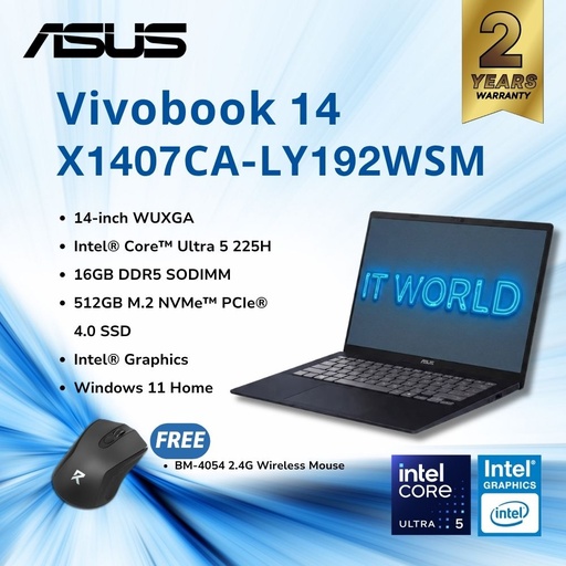 [X1407CA-LY192WSM] ASUS Vivobook 14 - 14" WUXGA / Ultra 5 255H / 16GB DDR5 / 512GB SSD / Laptop X1407CA-LY192WSM