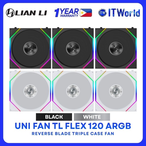 Lian Li Uni Fan TL Flex 120 ARGB Reverse Blade Fluid Dynamic Bearing Triple Fan - Black | White
