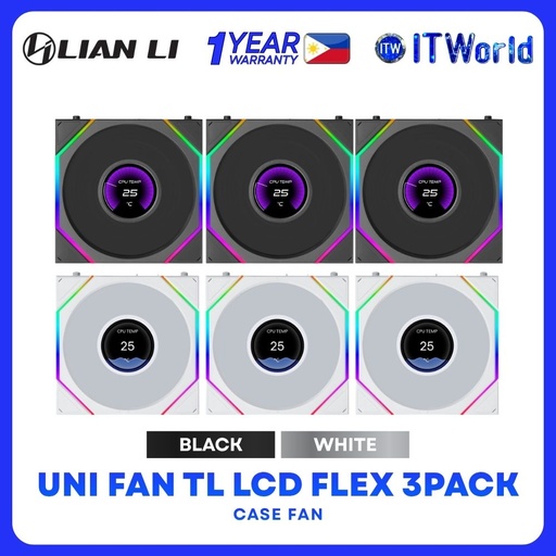 Lian Li Uni Fan TL LCD Flex 120 ARGB Fluid Dynamic Bearing Modular Triple Fan - Black | White