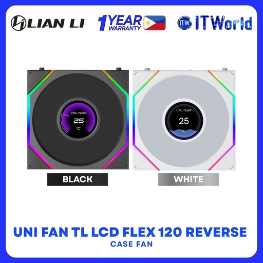 Lian Li Uni Fan TL LCD Flex 120 ARGB Reverse Blade FDB Modular Single Fan - Black | White