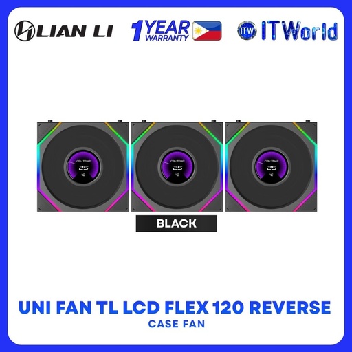 Lian Li Uni Fan TL LCD Flex 120 ARGB Reverse Blade Modular Triple Fan - Black | White