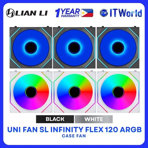 Lian Li Uni Fan SL Infinity Flex 120 ARGB Fluid Dynamic Bearing Triple Fan - Black | White