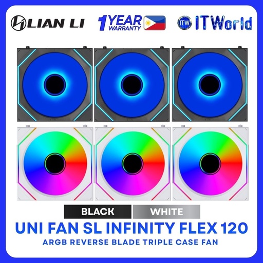 Lian Li Uni Fan SL Infinity Flex 120 AGRB Reverse Blade FDB Triple Case Fan - Black | White