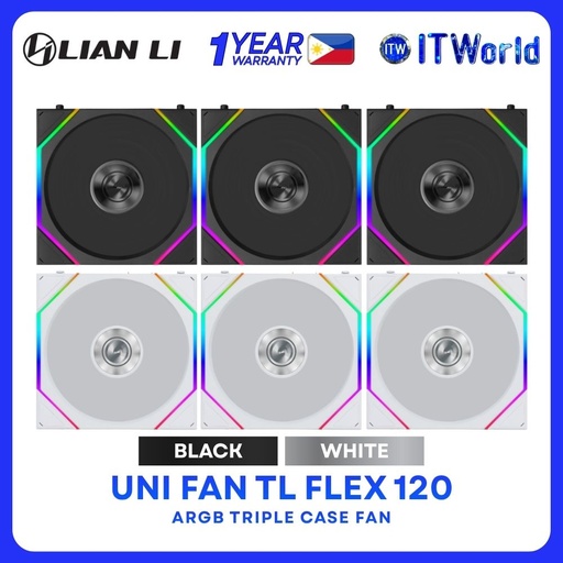 Lian Li Uni Fan TL Flex 120 ARGB Fluid Dynamic Bearing Triple Case Fan - Black | White