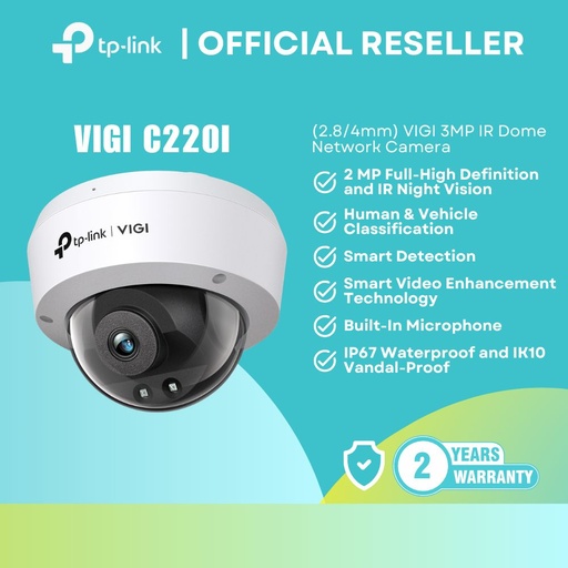 [VIGI C220I (2.8mm)] TP-Link VIGI C220I VIGI 2MP IR Dome Network Camera 2.8/4mm IP67 IK10 PoE 30m IR itw
