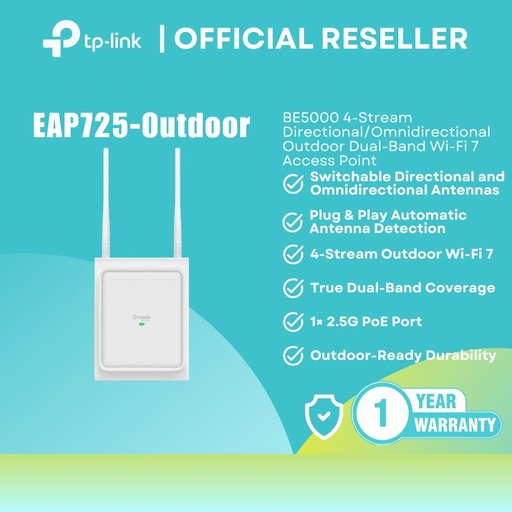 [EAP725-OUTDOOR] TP-Link Omada EAP725-Outdoor BE5000 Wi-Fi 7 Outdoor Access Point Dual-Band IP66 EAP725-Outdoor