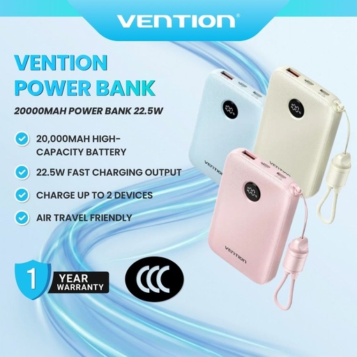 Vention FKBN0-C-TY 20000mAh Power Bank 22.5W Built-in Cable Dual Device Charging Portable