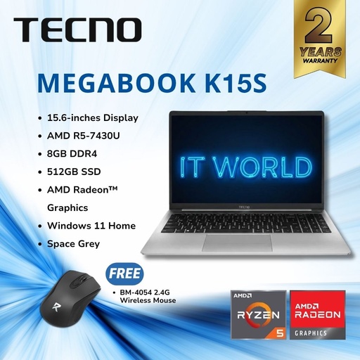 [MEGABOOK K15S AMD-R5-7430U-8+512G] Tecno Megabook K15S K15SDA - 15.6" R5-7430U / AMD Radeon Graphics / 8GB DDR4 / 512GB SSD / Laptop