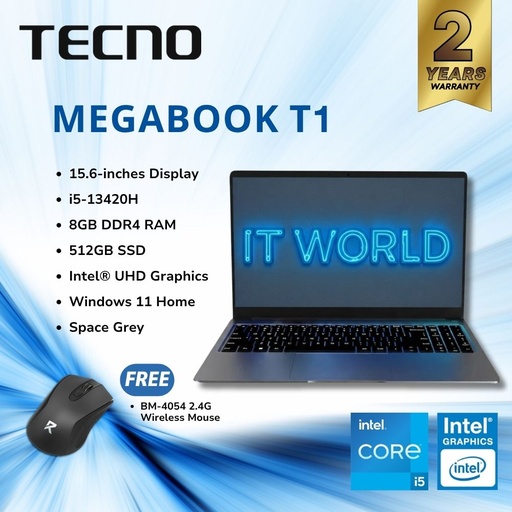 [MEGABOOK T1 15.6 13th-I5-13420H-8+512G] Tecno Megabook T1 T15RA - 15.6" / i5-13420H / 8GB DDR4 RAM / 512GB SSD / Space Grey Laptop