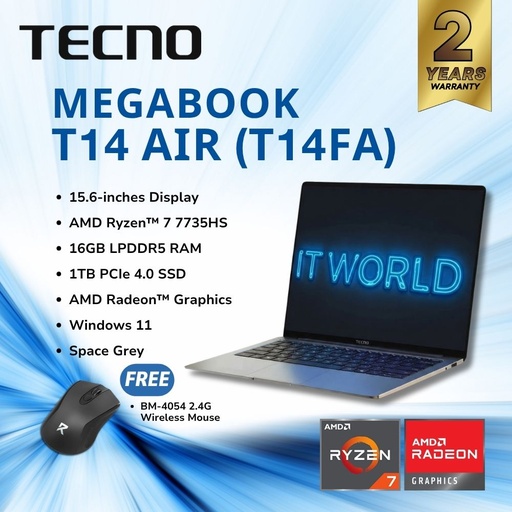 [MEGABOOK T14 Air AMD-R7-7735HS-16+1TB] Tecno Megabook T14 Air T14FA - 14" / R7-7735HS / 16GB DDR5 RAM / 1TB SSD / Space Grey Laptop