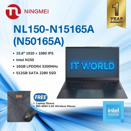 [NL150-N15165A (N50165A)] Ningmei NL150-N15165A (N50165A) - 15.6" IPS / Intel N150 / 16GB LPDDR4-3200 / 512GB SSD / Laptop