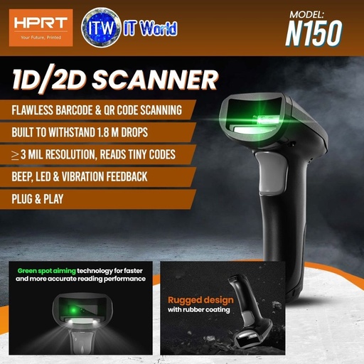 [N150] HPRT N150 640x480px ≥3mil Reso Flawless Barcode and QR Code Scanning USB Handheld Barcode Scanner  itw