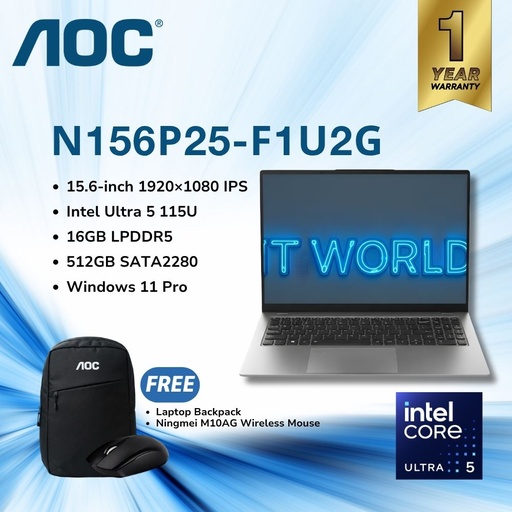 [N156P25-F1U2G/71] AOC N156P25-F1U2G - 15.6" 1920x1080 / Intel Ultra 5 / 16GB LPDDR5 / 512GB SATA 2280 Laptop  (free mouse inside the box)