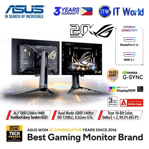 [PG27AQWP-G] ASUS ROG Swift OLED PG27AQWP-G Edition 20 - 26.5" 2560 x 1440 / 540Hz QHD, 720Hz HD / WOLED / 0.02ms GTG / Dual-mode Gaming Monitor