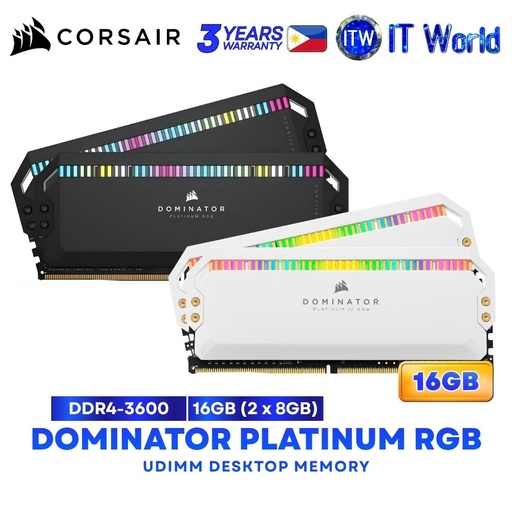Corsair Dominator Platinum RGB 16GB (2x8GB) DDR4-3600Mhz CL18 UDIMM Desktop Memory - Black | White