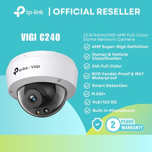 TP-Link VIGI C240 4MP Full-Color Dome Camera 2.8/4mm IP67 IK10 PoE MicroSD itw