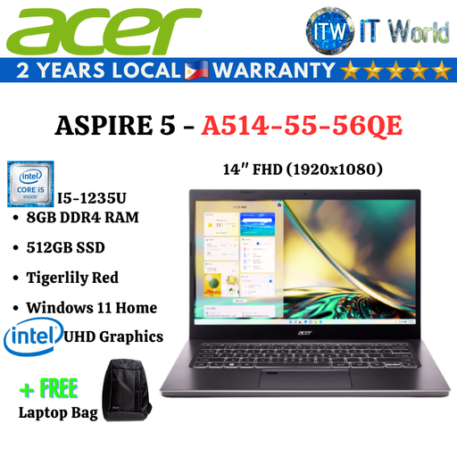 [A514-55-56QE] Acer Aspire 5 14&quot; i5-1235U, 8GB DDR4 RAM, 512GB NVMe SSD, Intel UHD Graphics Notebook Laptop ITWorld (Tigerlily Red)