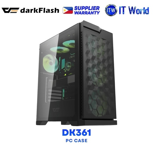darkFlash DK361 Hexagon Mesh Front Panel Tempered Glass ATX PC Case - Black | White itw (Black)