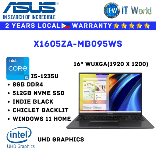 [X1605ZA-MB065WS] Asus Laptop Vivobook 16 | i5-1235U | DDR4 8GB | 512GB SSD | UHD (X1605ZA-MB065WS)