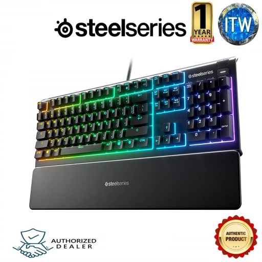 [64795] SteelSeries Apex 3 RGB Gaming Keyboard – 10-Zone RGB Illumination – IP32 Water Resistant – Premium Magnetic Wrist Rest (Whisper Quiet Gaming Switch) (Black)