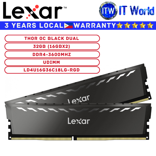[LD4U16G36C18LG-RGD] Lexar DDR4 RAM 32GB (16GBx2) 3600Mhz Thor OC Black Dual UDIMM Memory (LD4U16G36C18LG-RGD)
