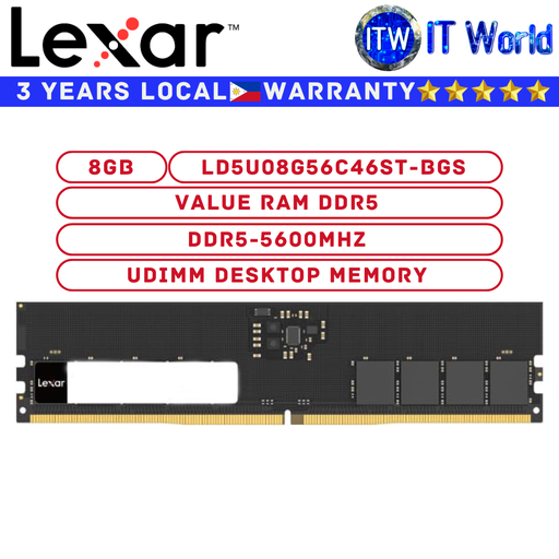 [LD5U08G56C46ST-BGS] Lexar DDR5 RAM 8GB (8GBx1) 5600Mhz Value RAM DDR5 UDIMM Desktop Memory (LD5U08G56C46ST-BGS)