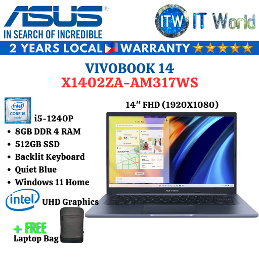 [X1402ZA-AM317WS] Asus Vivobook 14 X1402ZA-AM317WS 14&quot; FHD | i5-1240P | 8GB DDR4 RAM | 512GB SSD Laptop ITWorld