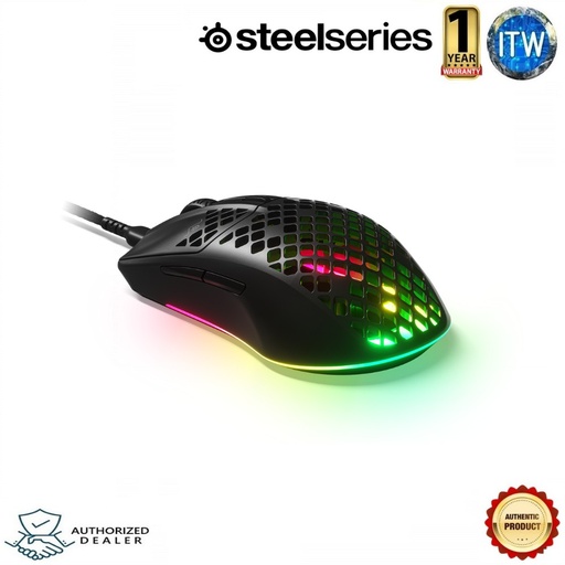 [62599] Steelseries AEROX 3 RGB Gaming Mouse - Super mesh USB-C detachable cable, AquaBarrier™ (Black)