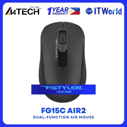 [A4TECH-FG15C-AIR2-BK] A4TECH FG15C Air2 Wireless Air Mouse Dual Mode 2.4GHz 1200DPI Rechargeable - FSTYLER COLLECTION