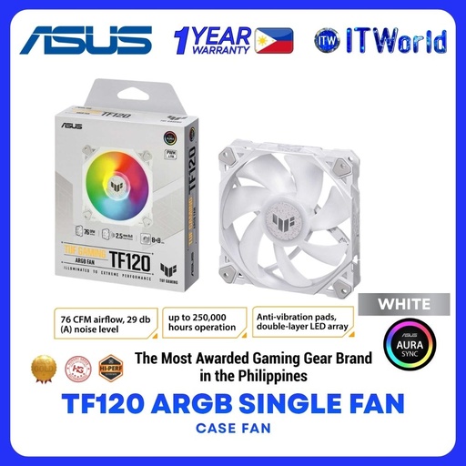 [TF120 WHITE 1 PACK] ASUS TUF Gaming TF120 ARGB Fluid Dynamic Bearing Aura Sync Single Fan Pack - White
