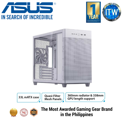 [AP201 PRIME CASE TG WHITE] ASUS Prime AP201 Tempered Glass MicroATX Case (Support Radiator Up to 360 mm and Graphics Card Length up to 338 mm, Color Matched Cables, Tool-free Side Panels, USB 3.2 Gen 2 Type-C Front Panel)