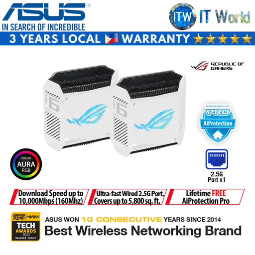 [GT6 WHITE] ASUS ROG Rapture GT6 Wifi 6 Tri-Band Gaming Mesh Router System (Black/White) (White)