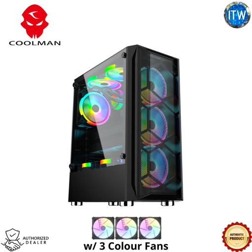 [Aurora-Black] Coolman Aurora PC Cases with 3 RGB Fans (Black)