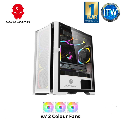 [Ruby-White] Coolman Ruby PC Cases with 3 Colour Fans - in Black and White